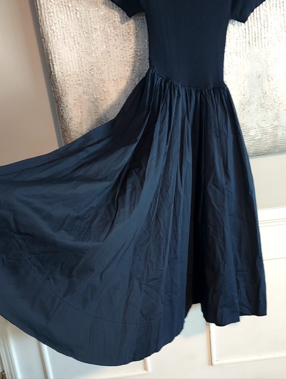 STAUD Ysabel Navy Blue Short-Sleeve Knit Bodice Long Dress With Pockets Sz-L - Picture 4 of 13